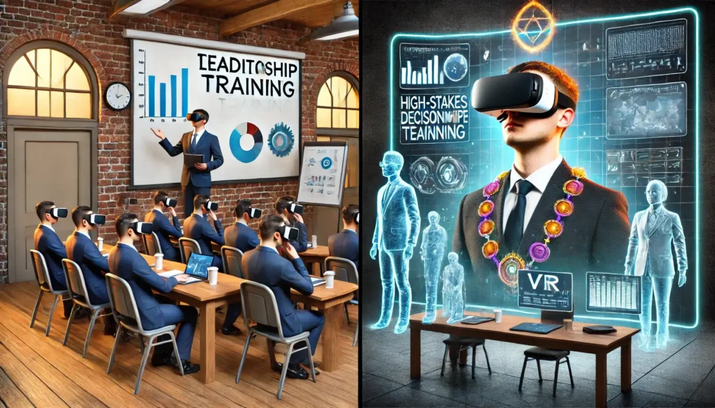 A comparison scene showing a split-screen of traditional leadership training versus virtual reality training. (1