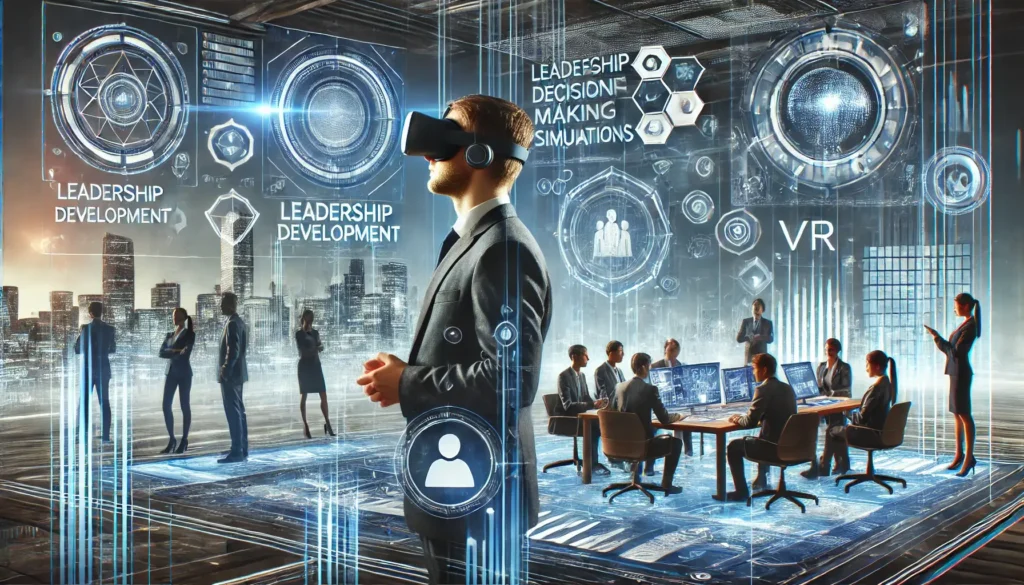 A futuristic scene depicting the future of leadership development through virtual reality.